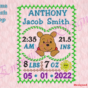 Birth announcement, Bear Applique Embroidery Designs, Embroidery Designs, Baby Birth Embroidery Designs, Applique Machine Embroidery Design