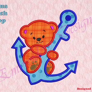 Anchor with bear Applique Embroidery Designs, Anchor Machine   Embroidery Designs, Digital download file, 8 formats in 4 sizes