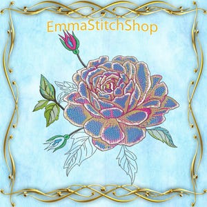 May include: Embroidered design of a single rose with blue, pink, and yellow petals. The rose has a green stem with leaves and a bud. The design is set against a light blue background with a gold ornate frame.