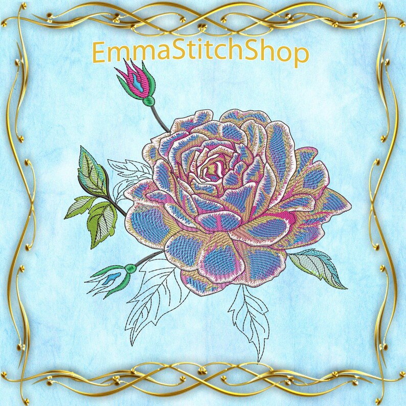 May include: Embroidered design of a single rose with blue, pink, and yellow petals. The rose has a green stem with leaves and a bud. The design is set against a light blue background with a gold ornate frame.