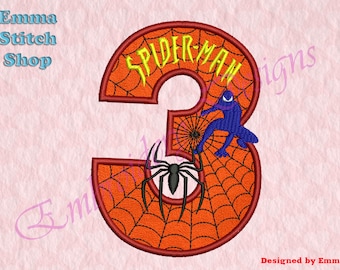 May include: Embroidered design of the number 3 with a spider web pattern in orange and black. The number 3 is outlined in red. The word "SPIDERMAN" is written in yellow on the top of the number. A black spider and a blue Spiderman figure are on the web.