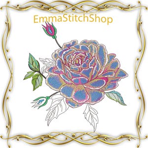 May include: A colorful embroidered design of a single rose with a bud and leaves. The rose is a vibrant blue, pink, and yellow with a white center. The design is perfect for embroidery projects.