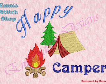 Happy Camper Borduurontwerpen, Camping Machine Borduurontwerpen, Digitaal downloadbestand, 8 formaten in 4 formaten