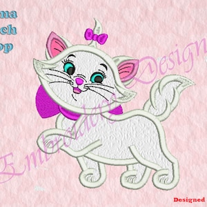 May include: White embroidered design of a cartoon cat with pink ears, a pink bow on its head, and a purple bow around its neck. The cat is walking with its tail curled up.