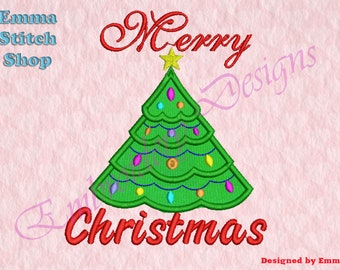 May include: Embroidered design of a green Christmas tree with colorful ornaments and lights. The text "Merry Christmas" is in red cursive lettering above the tree.