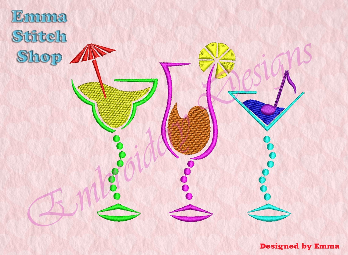 Cocktail Set Fill Embroidery Designs Cocktail Embroidery Etsy