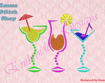 Cocktail set fill Embroidery Designs, Cocktail Embroidery Designs, Digital download file, 8 formats in 4 sizes