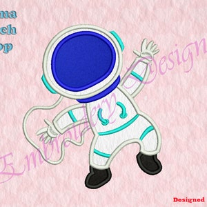 May include: An embroidered design of a white astronaut with a blue helmet, floating in space. The astronaut has a teal space suit with white stripes and black boots. The design is perfect for a space-themed project.