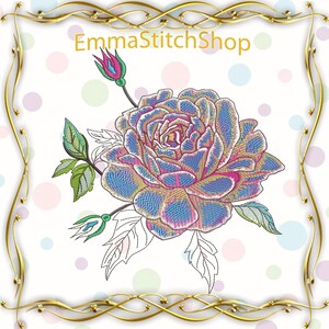 May include: Embroidered design of a single rose with blue, pink, and yellow petals. The rose is surrounded by green leaves and a bud. The design is on a white background with pastel colored polka dots.