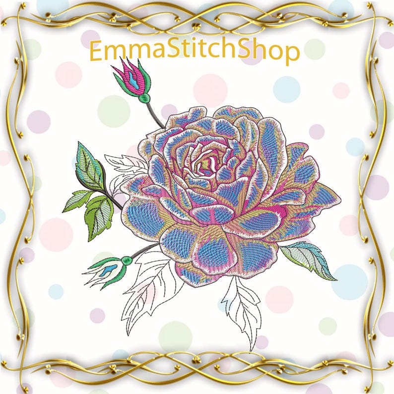 May include: Embroidered design of a single rose with blue, pink, and yellow petals. The rose is surrounded by green leaves and a bud. The design is on a white background with pastel colored polka dots.