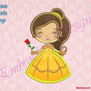 May include: Embroidered design of a cartoon Belle from Beauty and the Beast holding a red rose. The design is in shades of yellow, brown, and red.