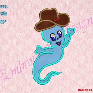 May include: A blue cartoon ghost wearing a brown cowboy hat with a red band. The ghost is smiling and has large eyes. The ghost is waving with its right hand.