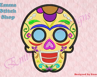 Desenhos de bordados de caveira, apliques de desenhos de bordados de caveira de açúcar, desenhos de bordados, arquivo digital instantâneo, 8 formatos em 4 tamanhos