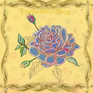 May include: Embroidered design of a blue and pink rose with green leaves and buds. The design is on a yellow background with a gold ornate border. The text "EmmaStitchShop" is at the top of the image.