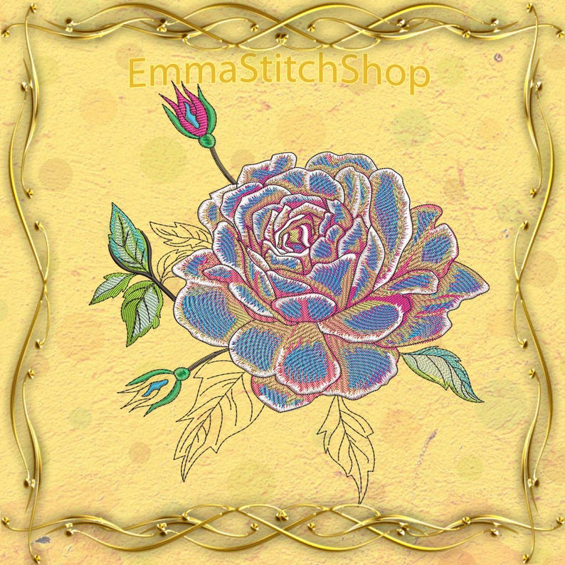 May include: Embroidered design of a blue and pink rose with green leaves and buds. The design is on a yellow background with a gold ornate border. The text "EmmaStitchShop" is at the top of the image.