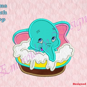 Elephant in water Applique Embroidery Designs, Dumbo Embroidery Designs, Digital download file, 8 formats in 3 sizes