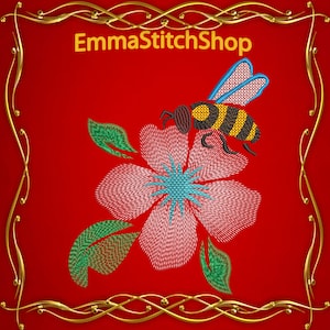 May include: Embroidered design of a bee on a pink flower with green leaves. The design is framed with a gold ornate border and the text "EmmaStitchShop" is at the top.