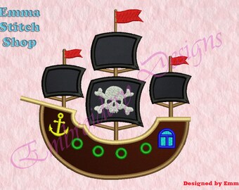 PiratenSchiff Maschine Applikation Stickerei Designs, Piraten Stickerei Designs, digitale Download-Datei, 8 Formate in 4 Größen