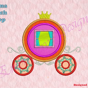 Princess Carriage Applique Embroidery Designs, Carriage Embroidery Designs, Digital download file, 8 formats in 3 sizes