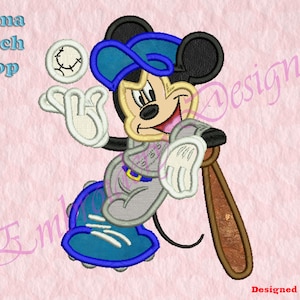 Mouse Baseball Applique Embroidery Designs, Sport Mouse Embroidery Designs, Digital download file, 8 formats in 3 sizes