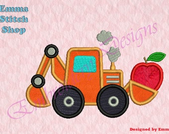 Excavator Apple Applique Embroidery Designs, Digger Machine Embroidery Designs, Digital download file, 8 formats in 3 sizes