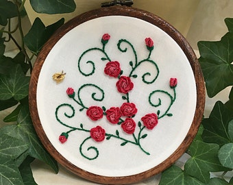 Red Roses Hand Embroidery Hoop Art, Floral Wall Decor 4” Hoop