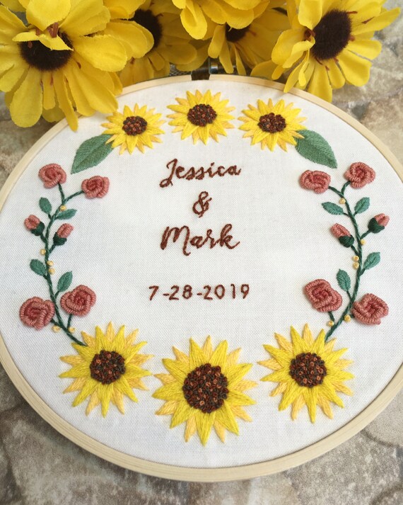 Personalized Wedding Hand Embroidery Gift With Sunflowers