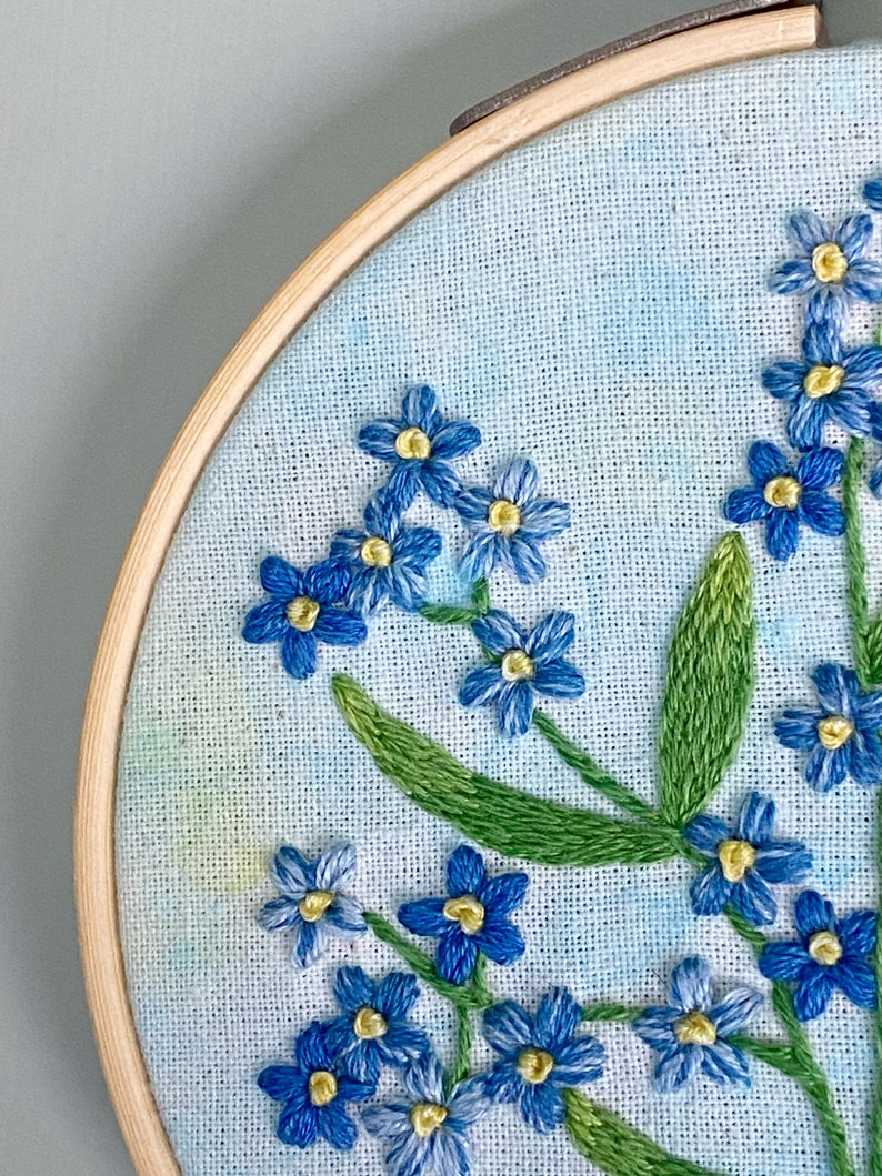 Forget Me Nots Hand Embroidery Hoop, Floral Embroidery, Embroidery Wall Art image 2