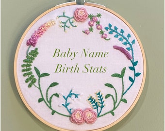 Hand Embroidery Name,  Baby Girl Birth Announcement, Baby Name Hoop, Custom Embroidered Birth Stats