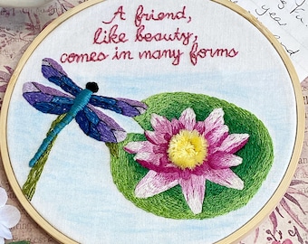 Dragonfly Water Lily Hand Embroidery Hoop 5"