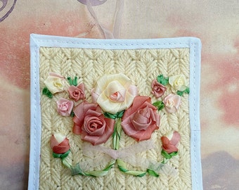 Lavender Sachet Bag, Pink Ribbon Embroidery Flowers, Elegant Gift Sachet, Floral Embroidery Bag, Gift for Her