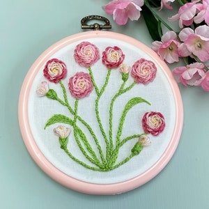 Pink Hand Embroidered Flowers, Mother&#39;s Day 6” Hoop Embroidery