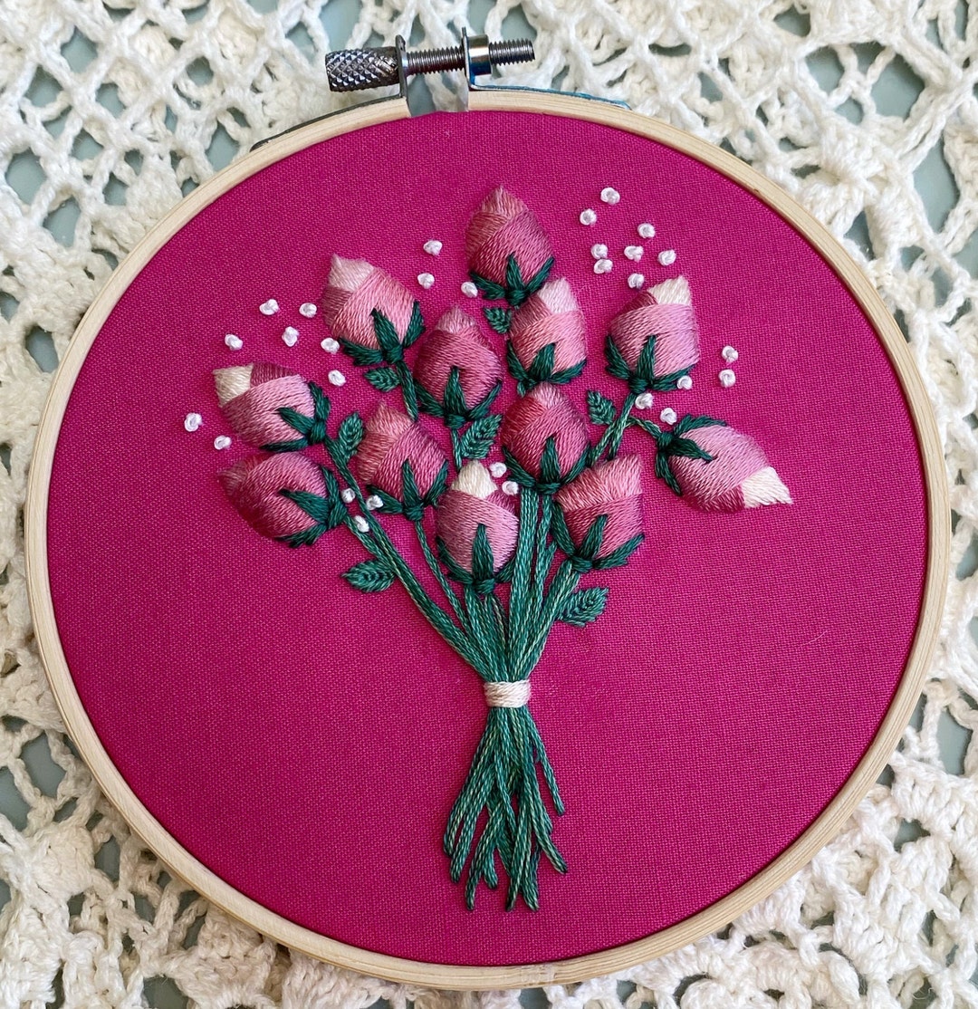 Hand Embroidered Roses, Rosebud Embroidery, Mother's Day Rose Art