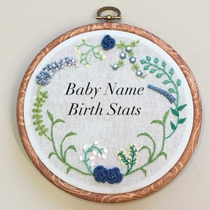 Baby Boy Personalized Blue Embroidery Birth Hoop With Flowers and Birth Stats