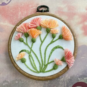 Hand Embroidered Floral Hoop, Pink & Orange Spring Flowers 6” Hoop
