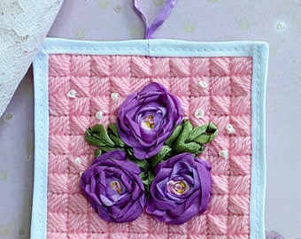 Lavender Sachet Bag, Ribbon Embroidery, Purple Roses Sachet Ornament, Floral Embroidery Cross stitch