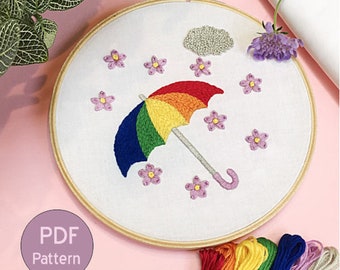 Digital Download Hand Embroidery Pattern For Beginners, PDF Embroidery Pattern Rainbow Umbrella, PDF Digital Guide Embroidery,