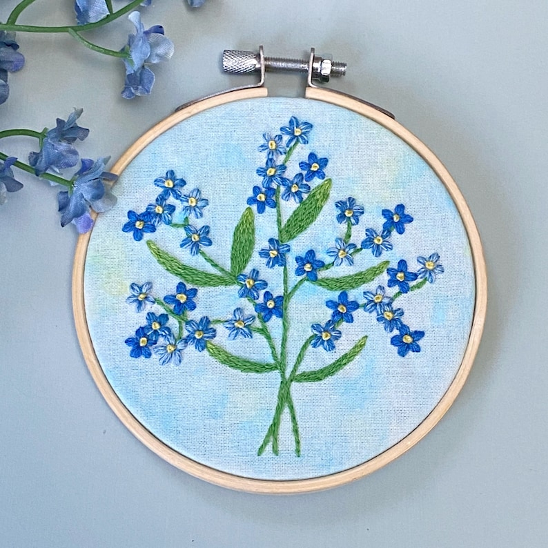 Forget Me Nots Hand Embroidery Hoop, Floral Embroidery, Embroidery Wall Art image 1