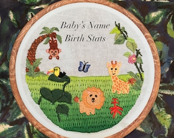 Baby Name Hoop Jungle Animals, Embroidery Baby Hoop Animals