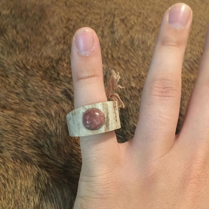 Rhodochrosite DEER ANTLER RING size 6.5