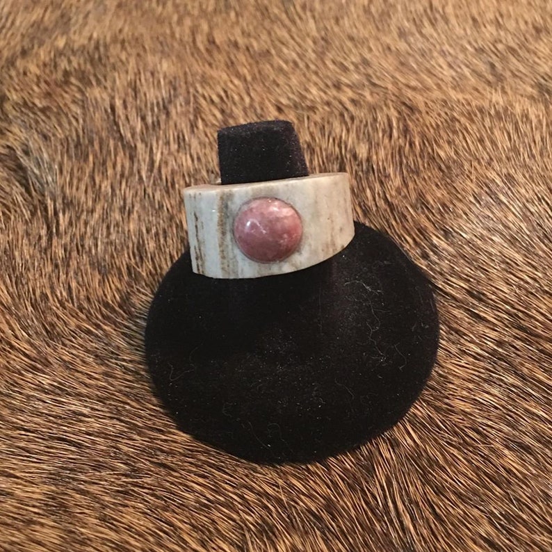 Rhodochrosite DEER ANTLER RING size 6.5