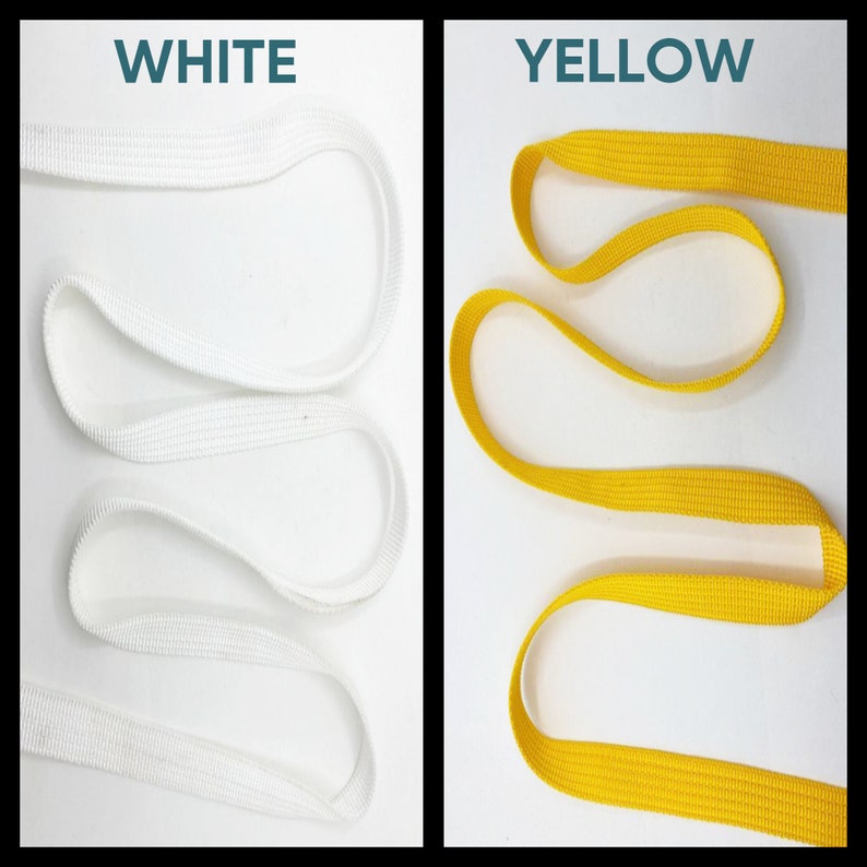 May include: A split-view image displaying two lengths of flat woven ribbon. The left side features a white ribbon labeled with the text WHITE, while the right side features a bright yellow ribbon labeled with the text YELLOW. Both ribbons have a textured weave.