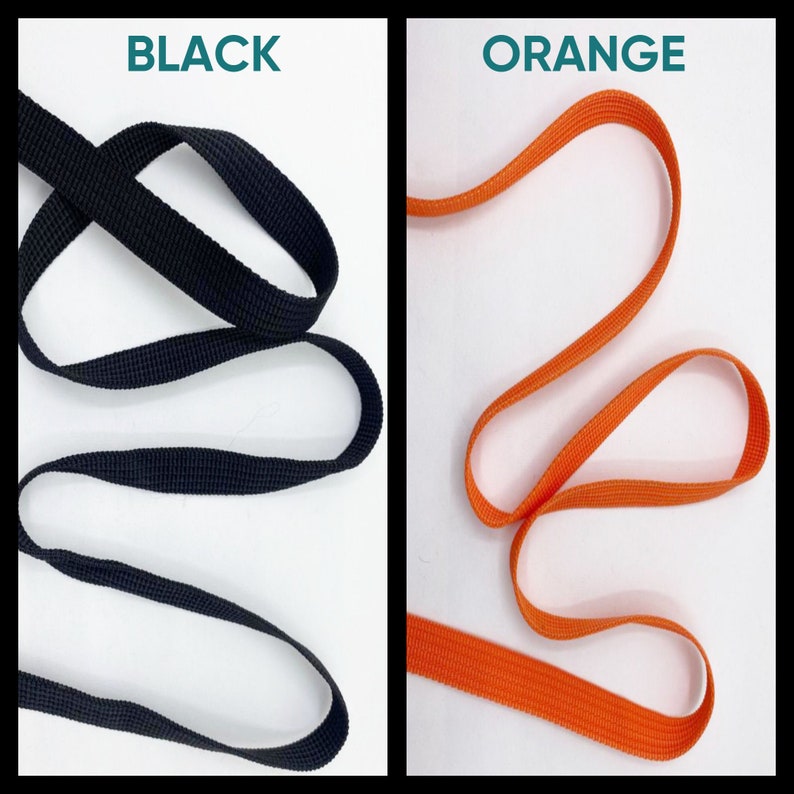 May include: A split-screen display showing two lengths of flat woven webbing tape. The left side is labeled BLACK and features a black woven strap. The right side is labeled ORANGE and features a bright orange woven strap with a textured surface.