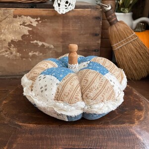 7.5&quot; Vintage Antique Tattered Quilt Pumpkin, Cottagecore, Repurposed Quilt, Farmhouse, Fall Decor, Thanksgiving, Halloween,