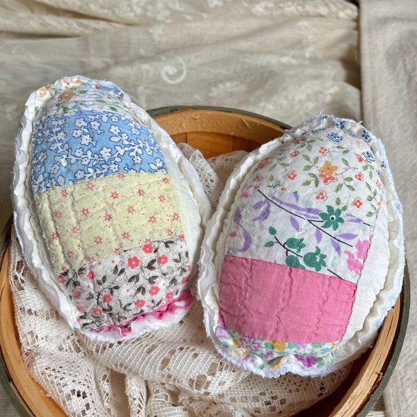 Pair of Vintage Antique Quilt Easter Eggs, Cottagecore, Repurposed Quilt, Farmhouse, Easter