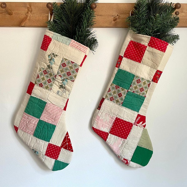 One Large Vintage Antique Quilt Christmas Stocking, Winter Decor, Christmas Decor, Christmas Decorations, Holiday Decor, Large