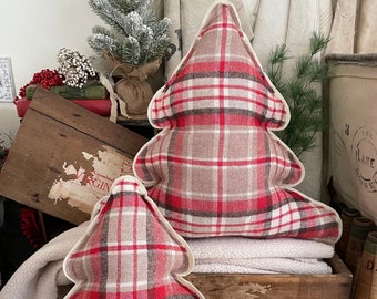 Vintage Wool Christmas Tree Pillow ,Cottagecore, Repurposed, Farmhouse, Christmas Decor,