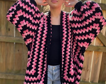 Oversized Crochet Hexagon Hexi Granny Square Cardigan Sweater - Handmade, Slow Fashion, Crochet Clothing S-XXL - Fire and Ice