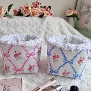 One Bow Floral Makeup Organizer, Storage Basket, Fabric Basket, Vanity Cosmetic Basket