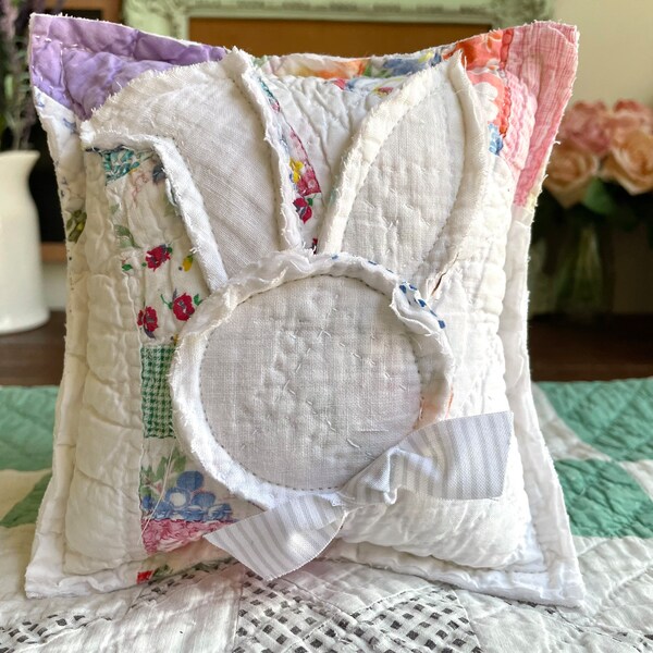 One Farmhouse Vintage Antique repurposed quilt applique bunny pillow / rabbit / home decor/ Easter